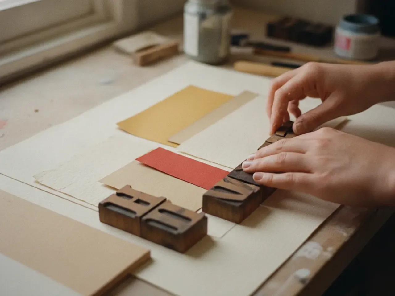 Hands arrange colorful paper swatches and wooden type blocks on a gesso workbench in soft natural light.